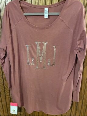 Women's Dusty Rose Long Sleeve Scoop Neck Top with Metallic Monogram